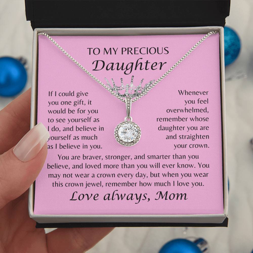 To My Precious Daughter - Crown Jewel Necklace - From Mom - Pink Card