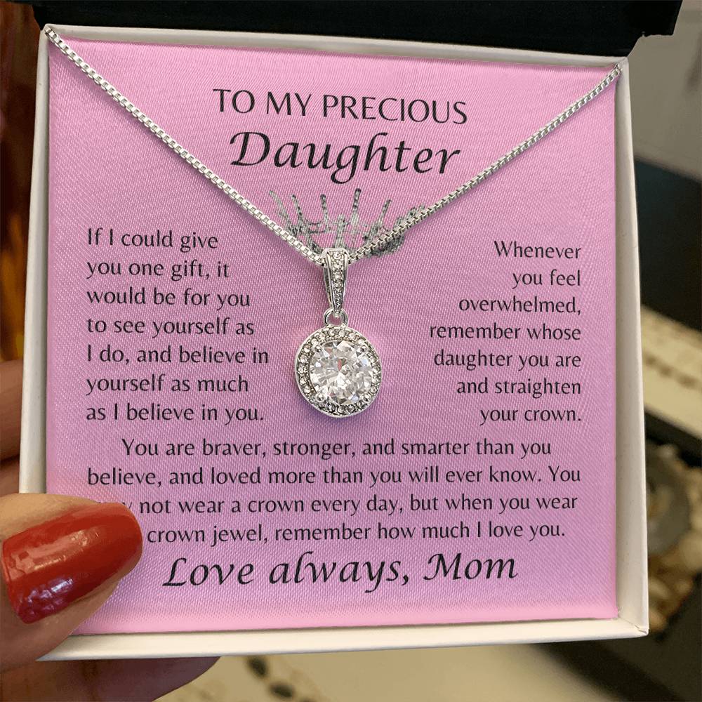 To My Precious Daughter - Crown Jewel Necklace - From Mom - Pink Card