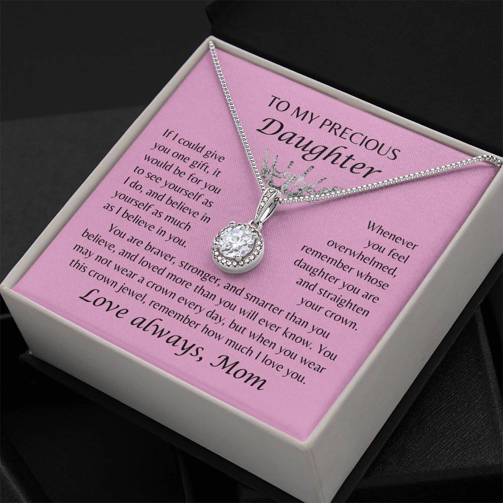 To My Precious Daughter - Crown Jewel Necklace - From Mom - Pink Card