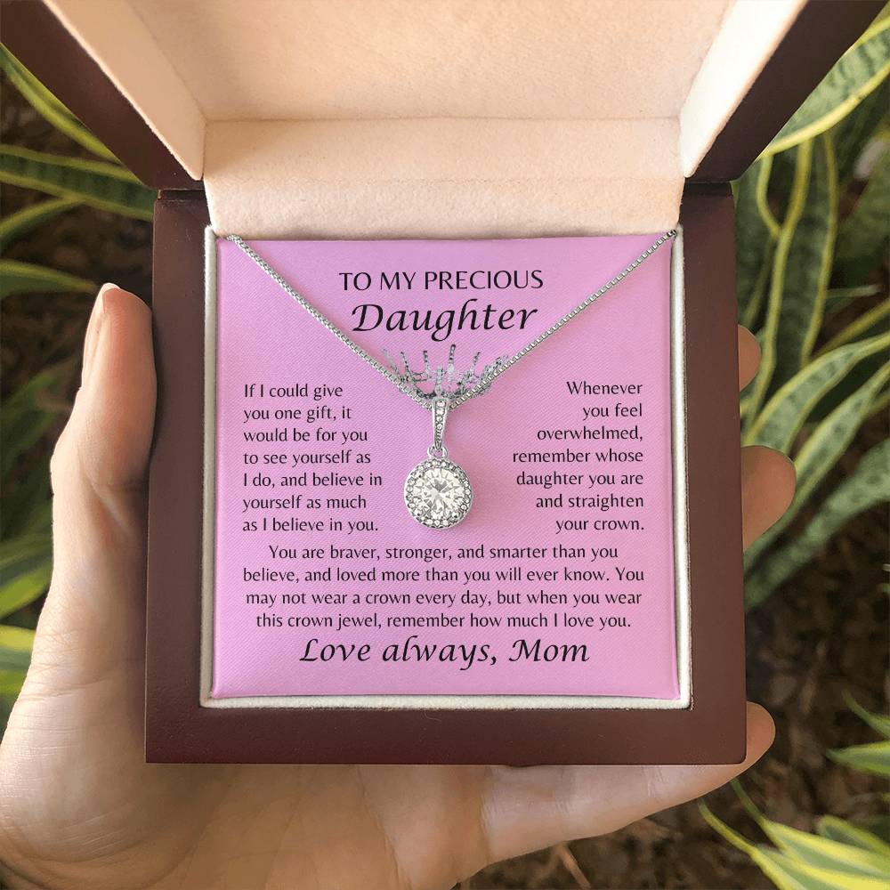 To My Precious Daughter - Crown Jewel Necklace - From Mom - Pink Card