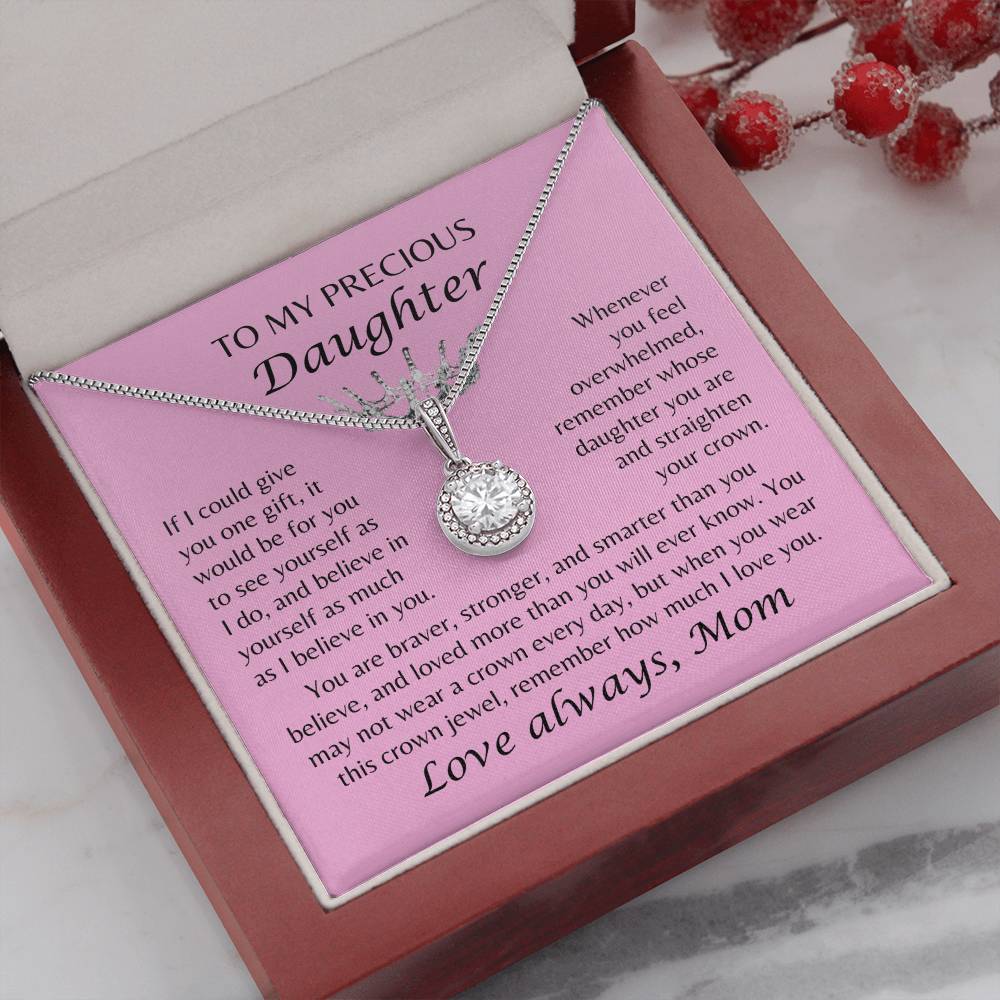 To My Precious Daughter - Crown Jewel Necklace - From Mom - Pink Card