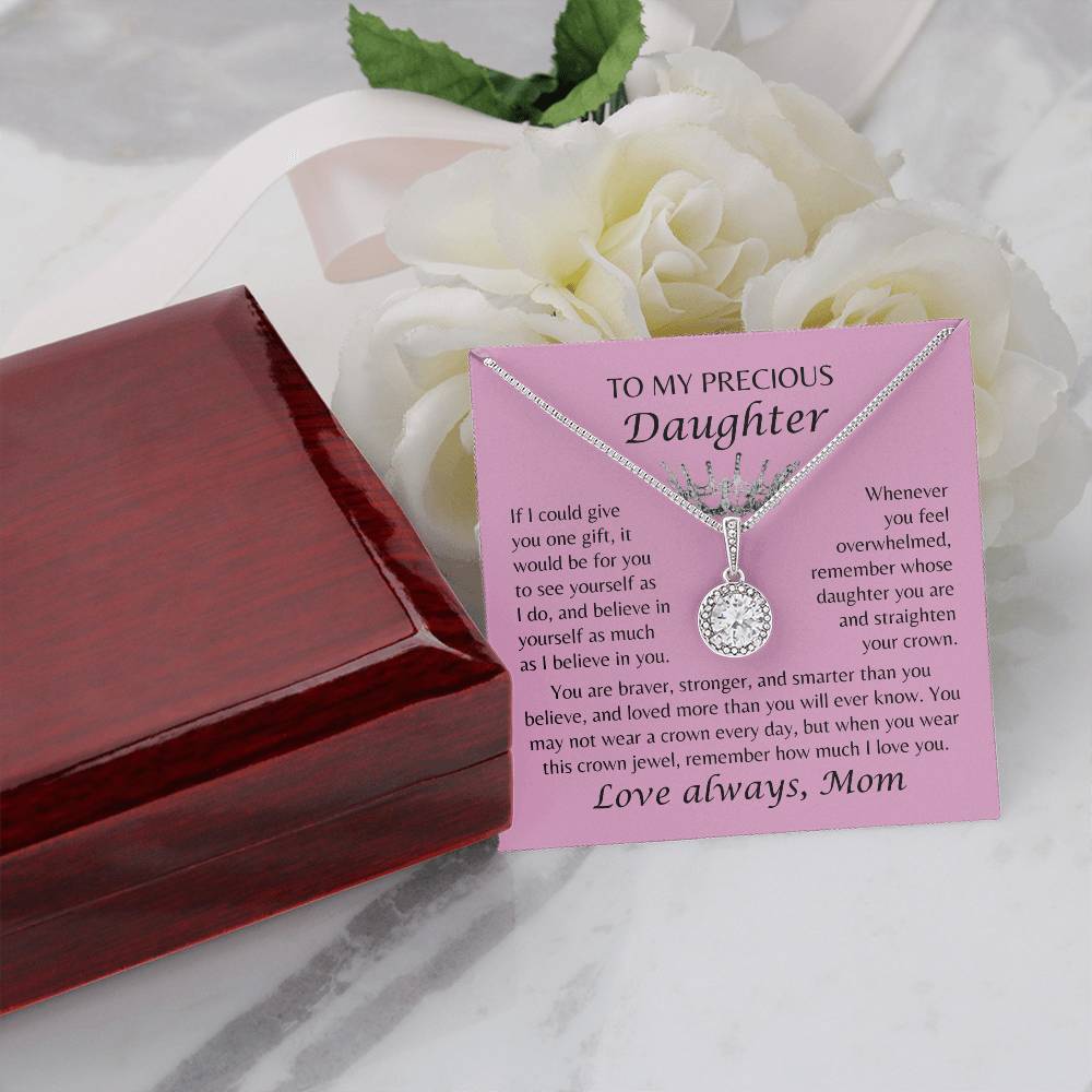 To My Precious Daughter - Crown Jewel Necklace - From Mom - Pink Card